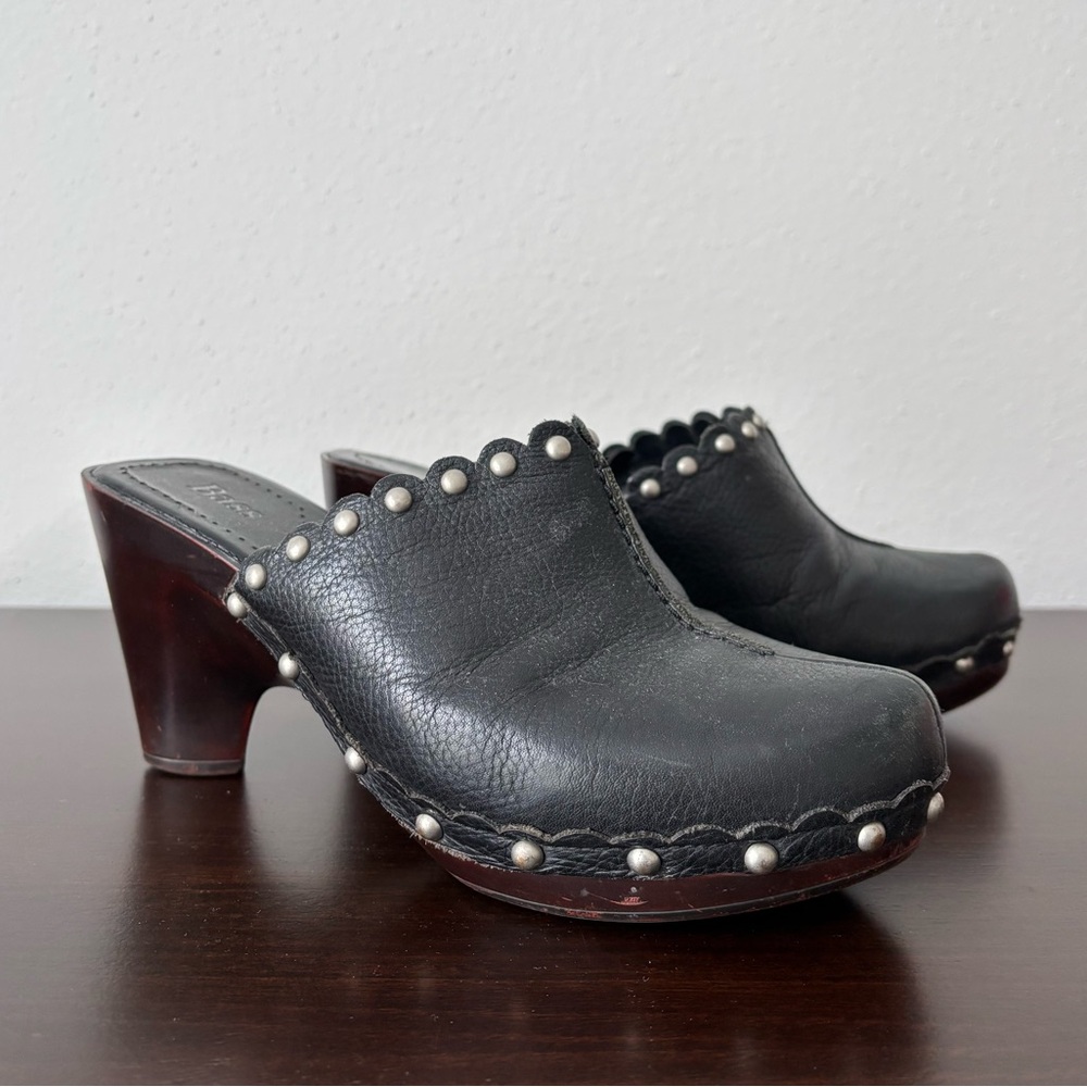 Bass Silver Studded Black Leather Wooden Clogs